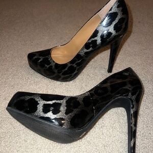 Black leopard patent leather platforms